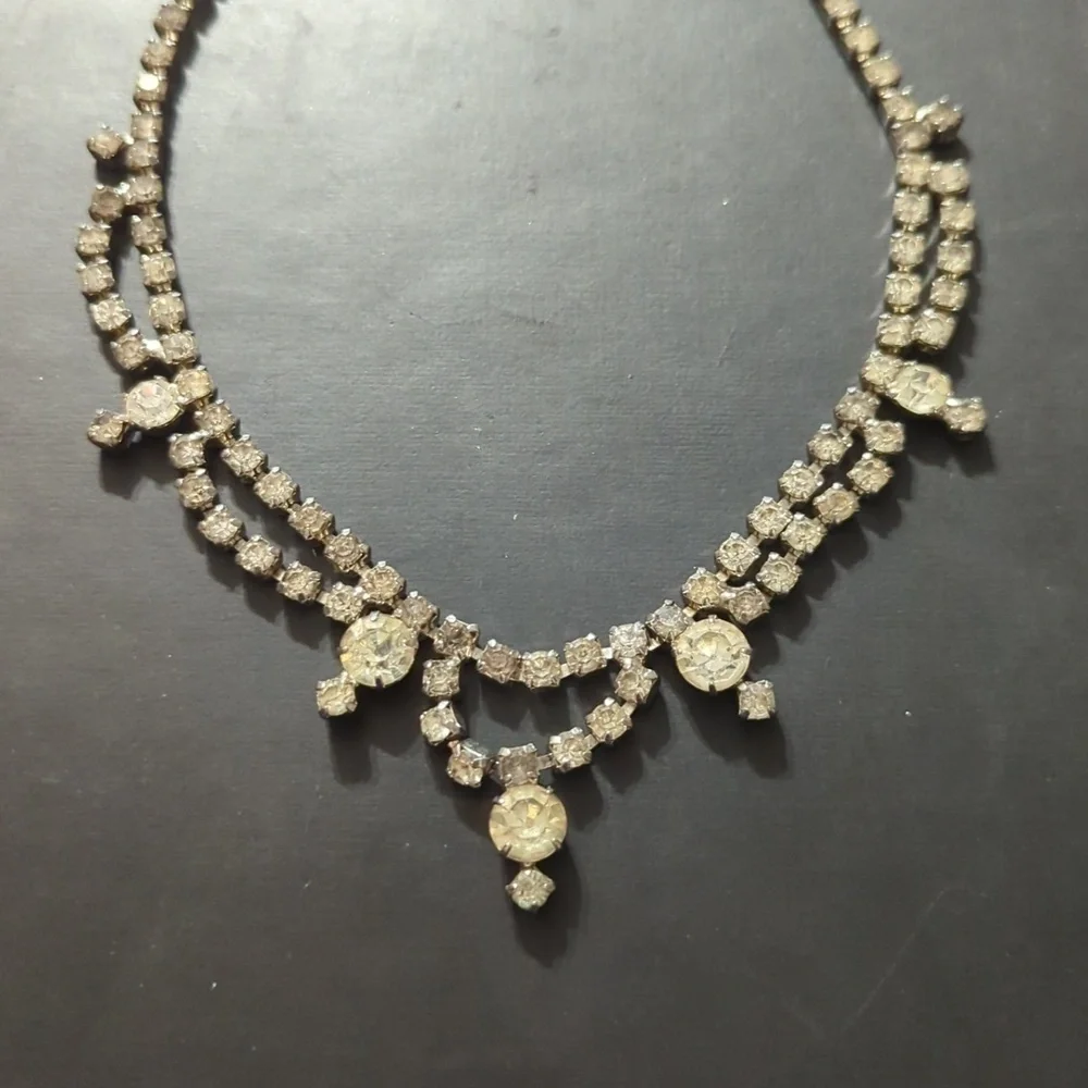 Vintage Silver Tone Clear Rhinestone Choker Statement Necklace